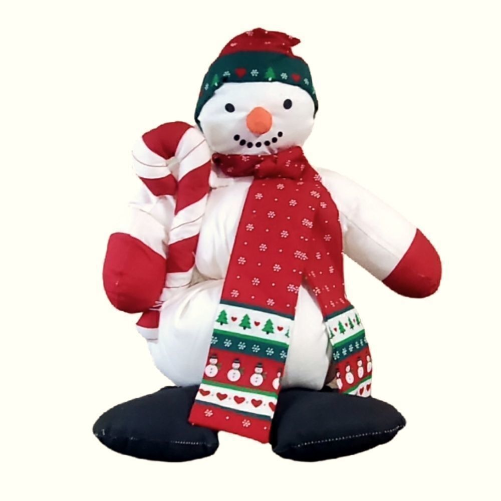 Vintage Plush Snowman Hand Made Christmas Fabric Stuffed Holiday 15" Mad…